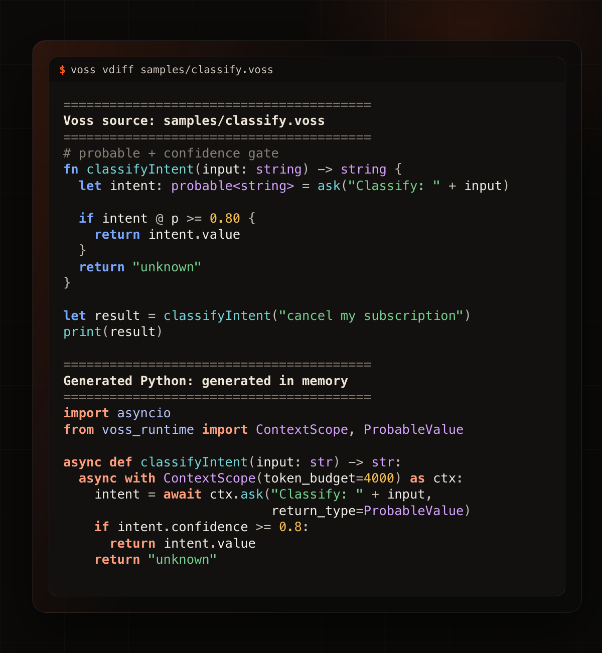 Voss vdiff output showing a .voss source file beside generated Python.